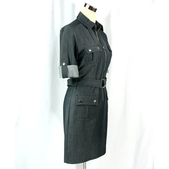 Sharagano Petite Zip Front Belted Pockets Chambray Shirtwaist Dress 4P 70s Style - Picture 6 of 11